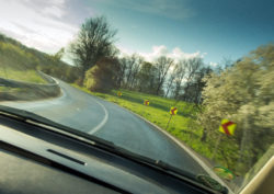 View from a fast-moving car in the curve