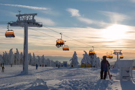 Ski lift in sunset