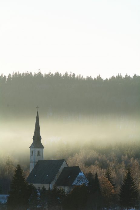 Church in fog